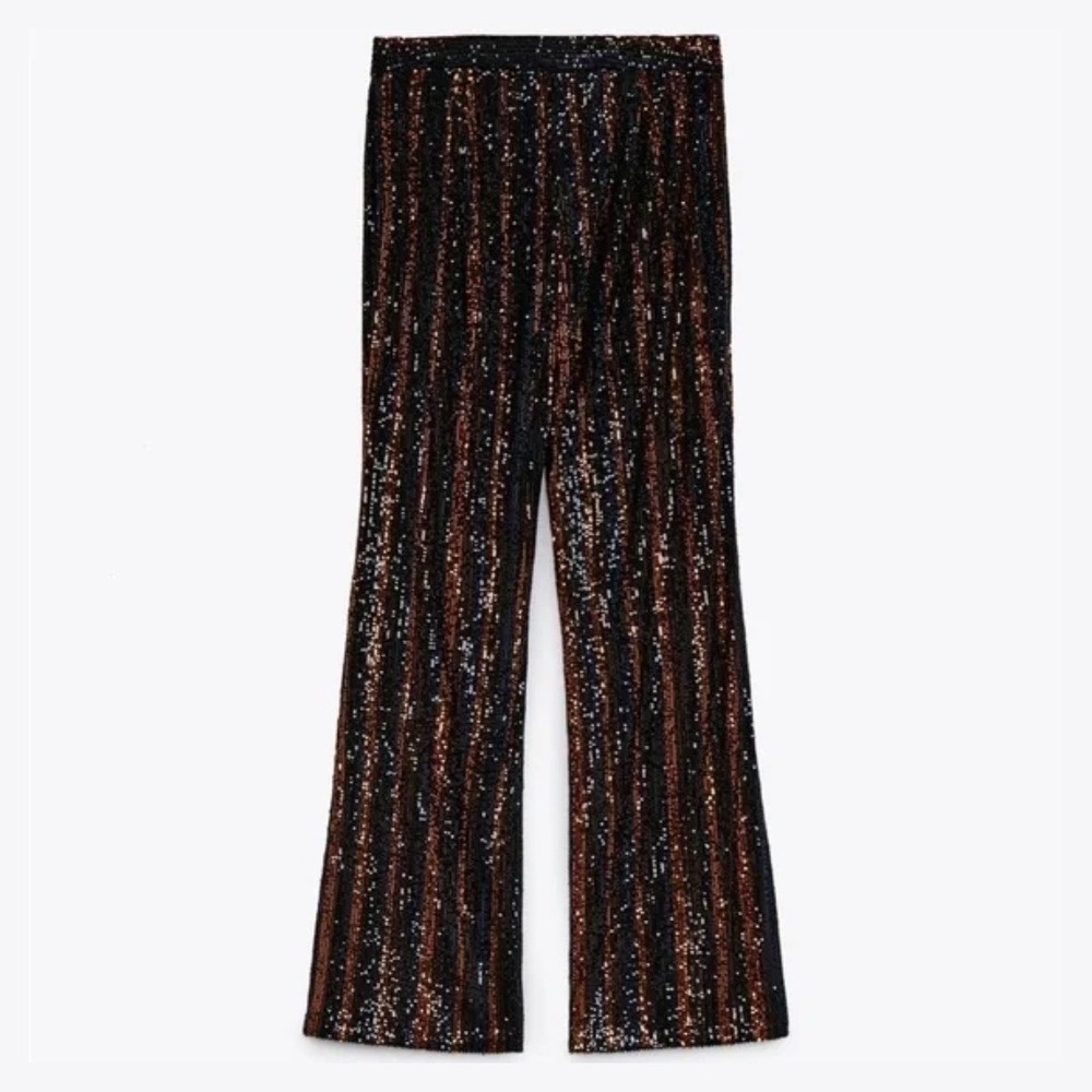 Zara | Sparkle Sequins Flare Wide Leg Pants Striped Black Red - 3440/251/800 - Picture 5 of 12